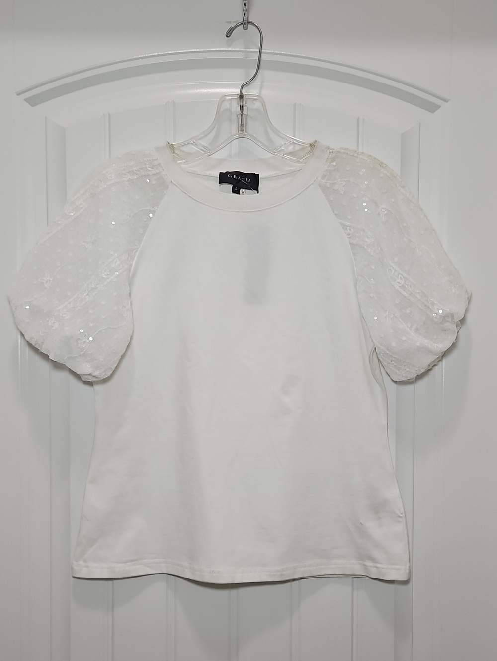 Gracia White Puff Sleeve Sequin Blouse Top Small New Women's Career Office Flaw